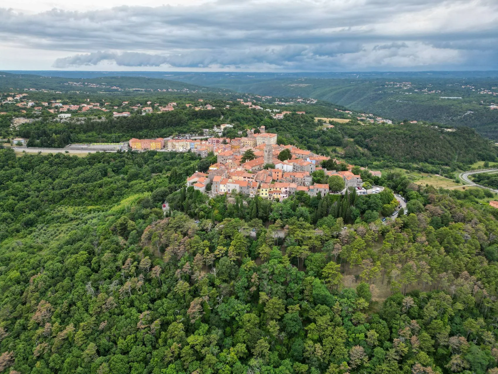 A medieval hilltown on its ridge in inland Istria
