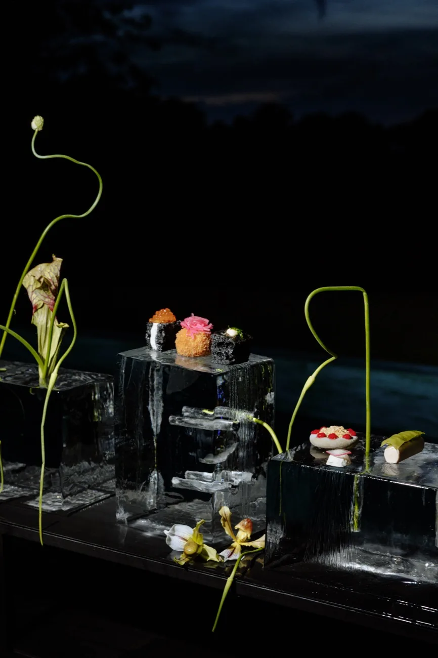 Canapés presented on blocks of ice in the garden at LaMaison after dark